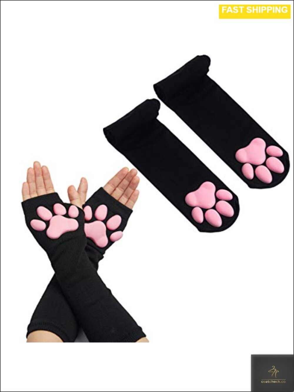 3D Cat Paw Thigh High Socks & Gloves Set Cosplay Fluffy Microfiber